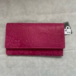 NWT Floral Embossed Pink Genuine Leather RFID Wallet